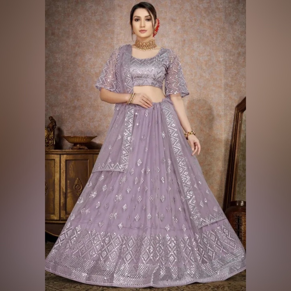 Embroidered Net Lehenga in Light Purple
